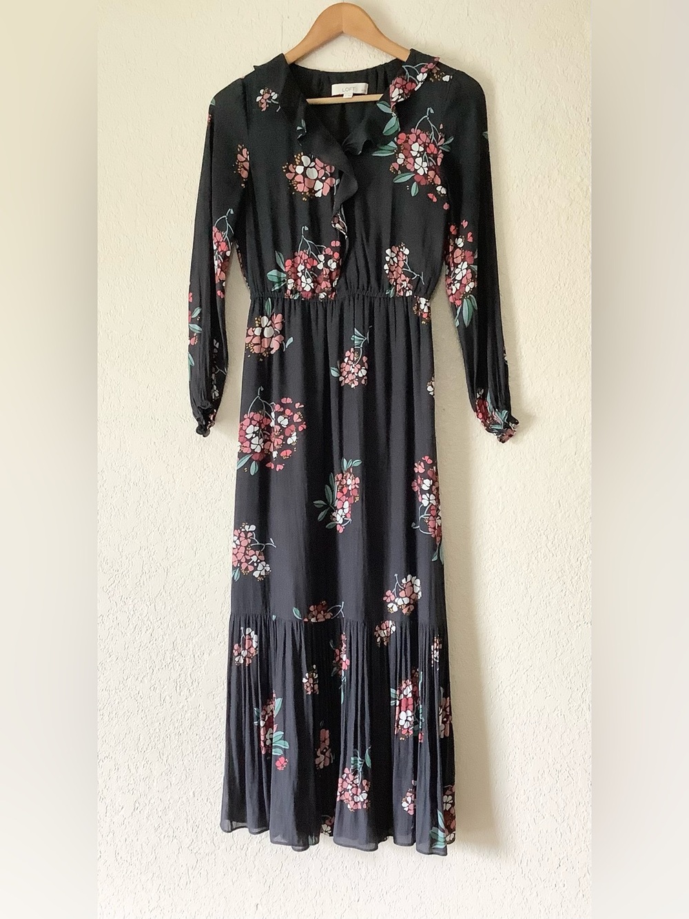 LOFT Grey Maxi Dress with Pink Floral Print